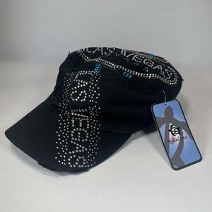 New Black Las Vegas Rhinestone Flat Top Hat/Basball Cap With Lucky Poker Chip